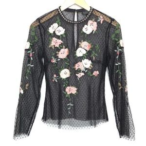 Topshop Sheer Lace Top Black Long Sleeve Embroidered Pink Flowers Sequins Size 6